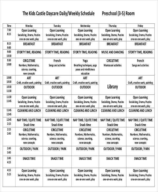 Home Daycare Schedule Template