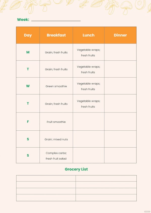 daily diet chart for a week