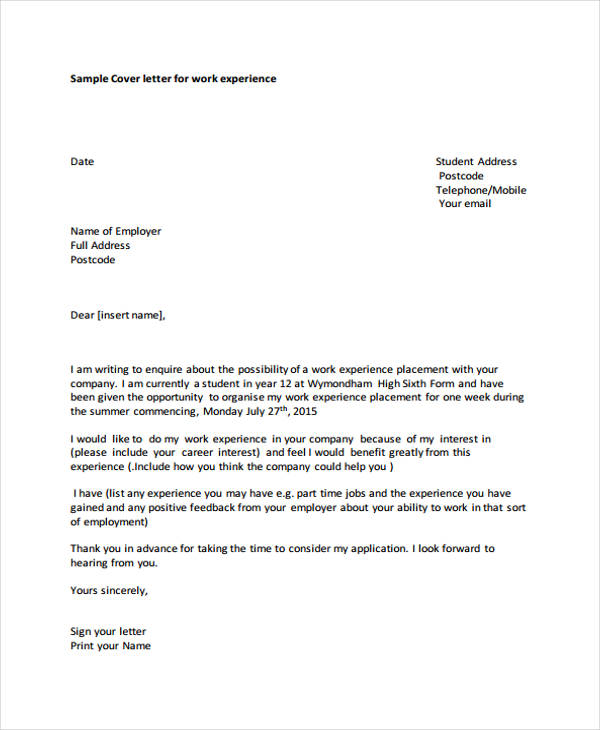 cover letter for year 12 student