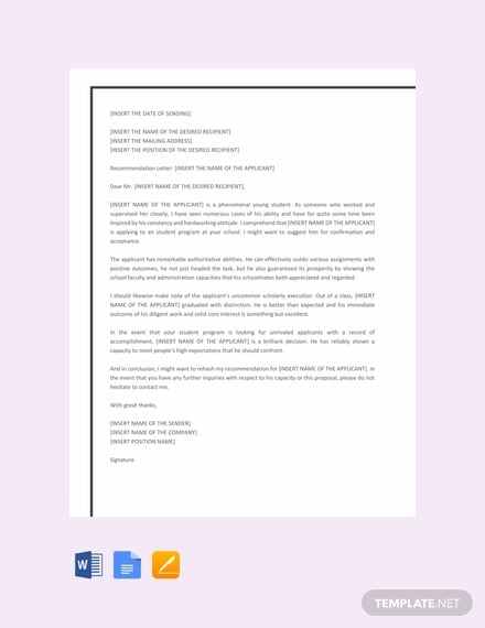 free recommendation letter for student