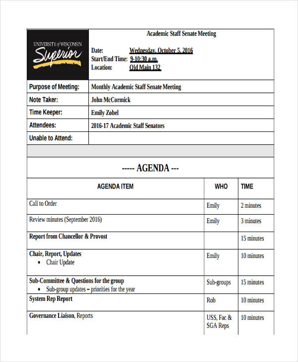 academic staff meeting agenda