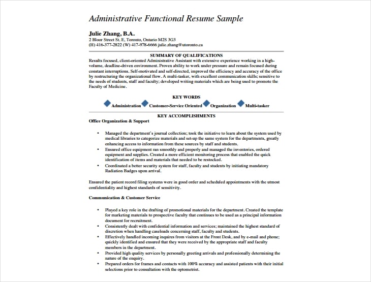 administrative functional resume sample