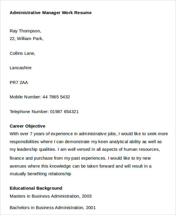 administrative manager work resume