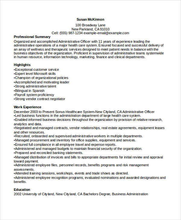 administrative officer resume in pdf