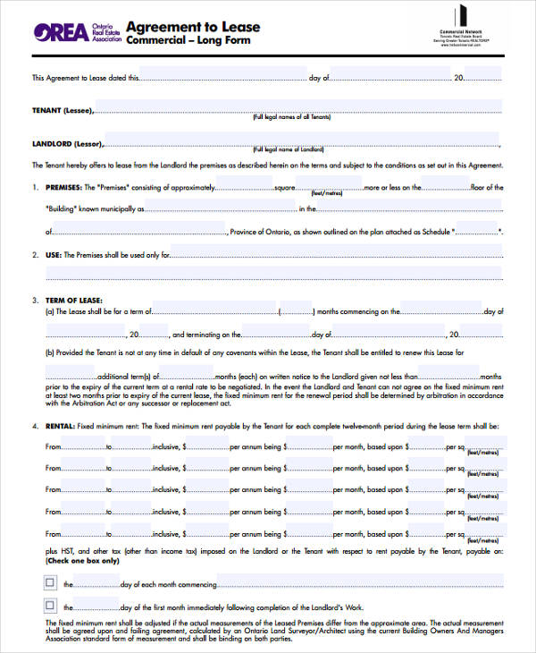 agreement form for commercial lease