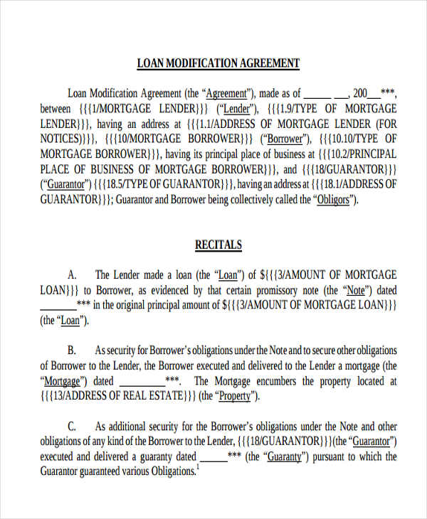 agreement form for commercial loan modification