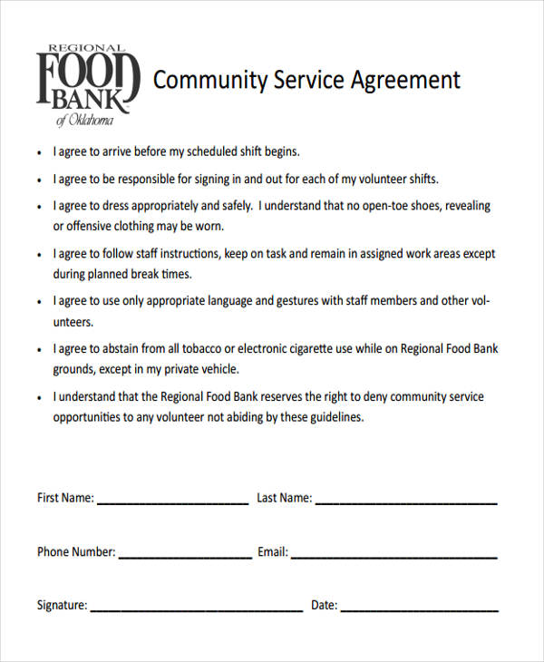 agreement form for community service