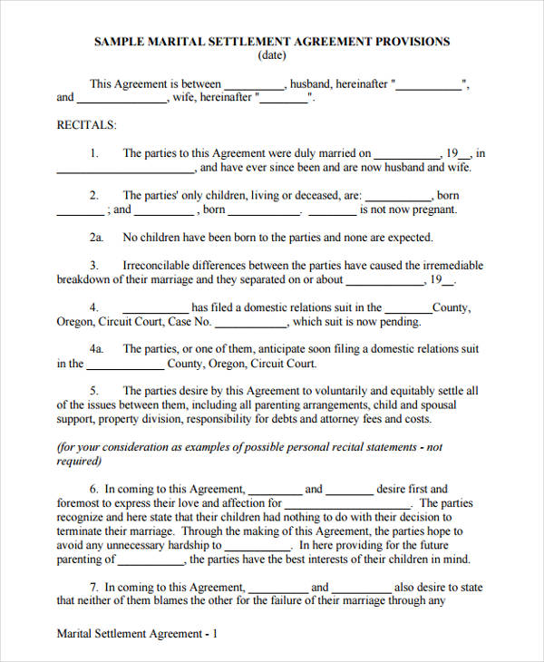 agreement form for marital settlement