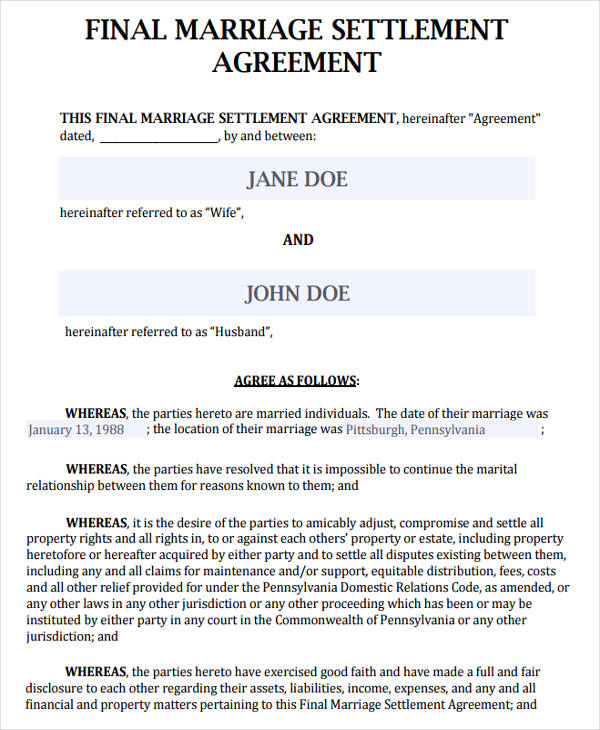 agreement form for marriage settlement
