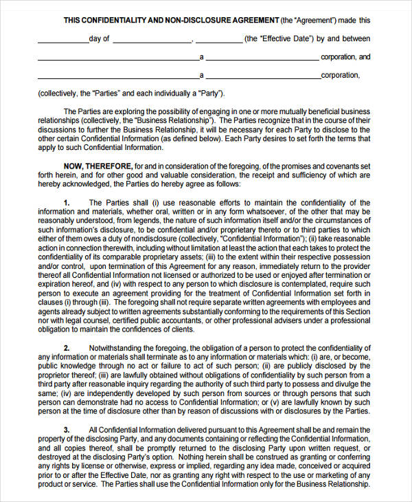 agreement form for non disclosure confidentiality