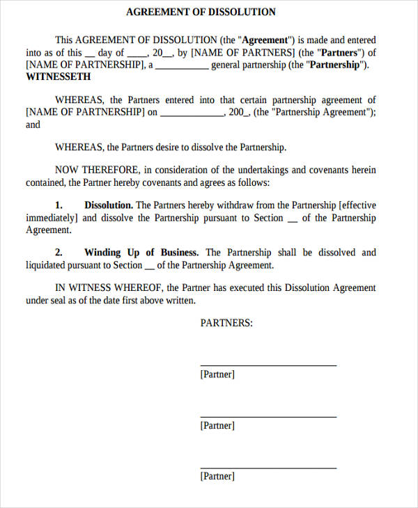 agreement form for partnership dissolution