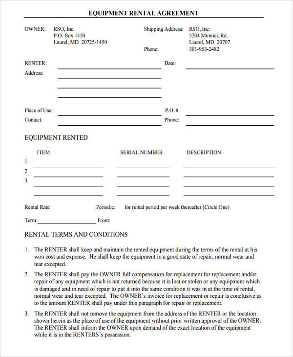 agreement form for rental equipment