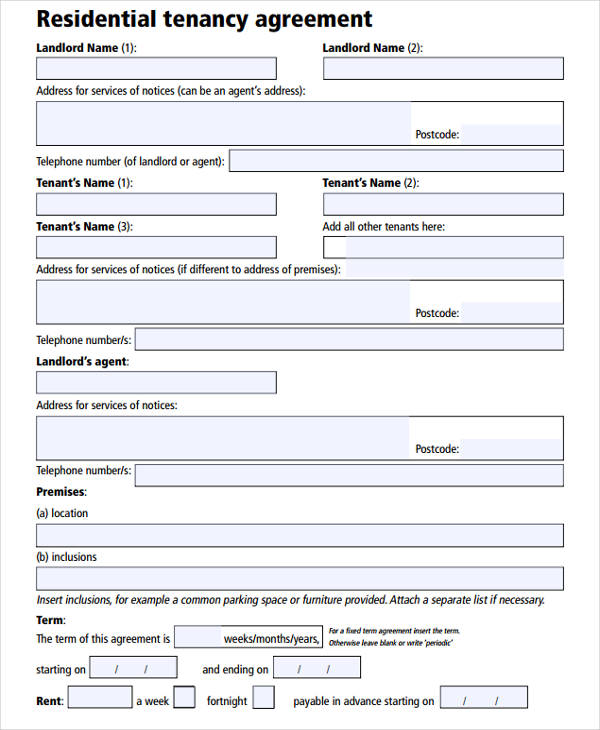 agreement form for residential tenancy