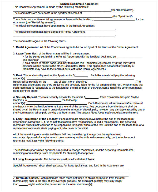 agreement form for roommate contract