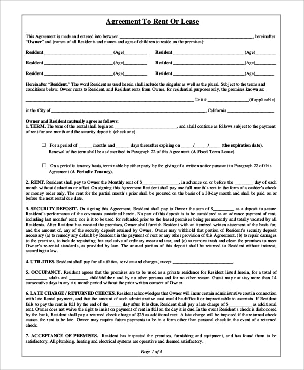 agreement for rental lease