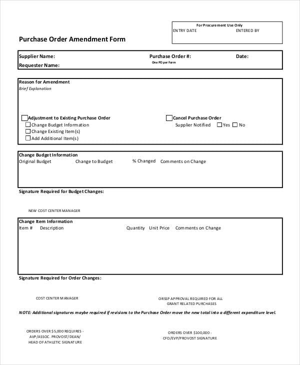 amendment purchase order form