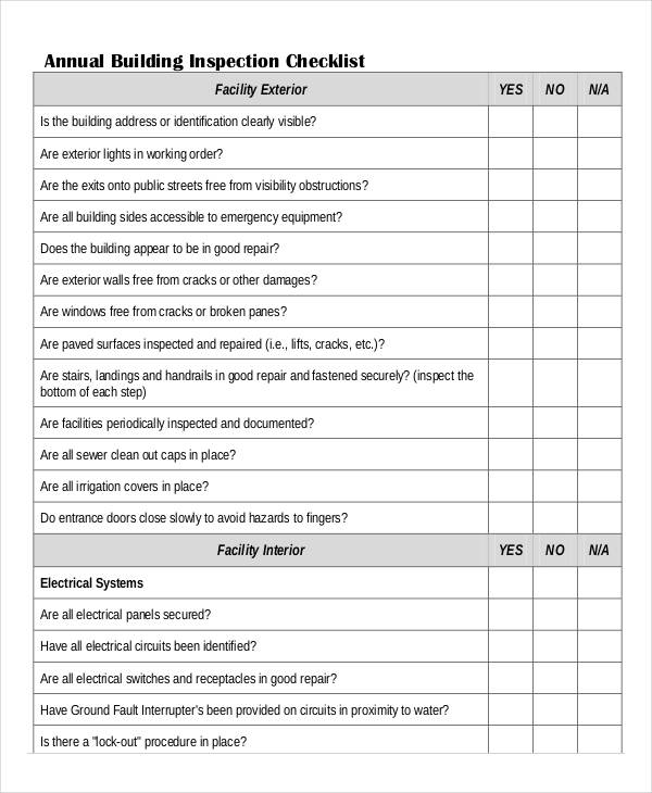 Printable Building Inspection Checklist Template