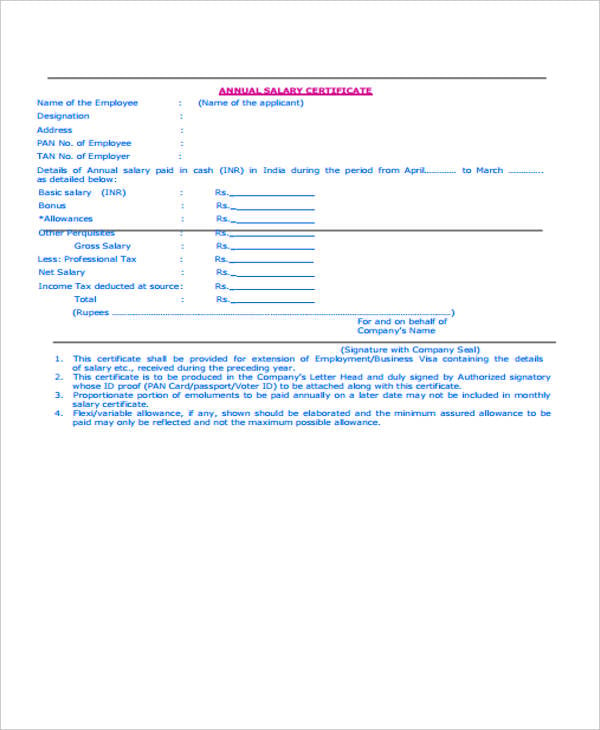 annual salary certificate example