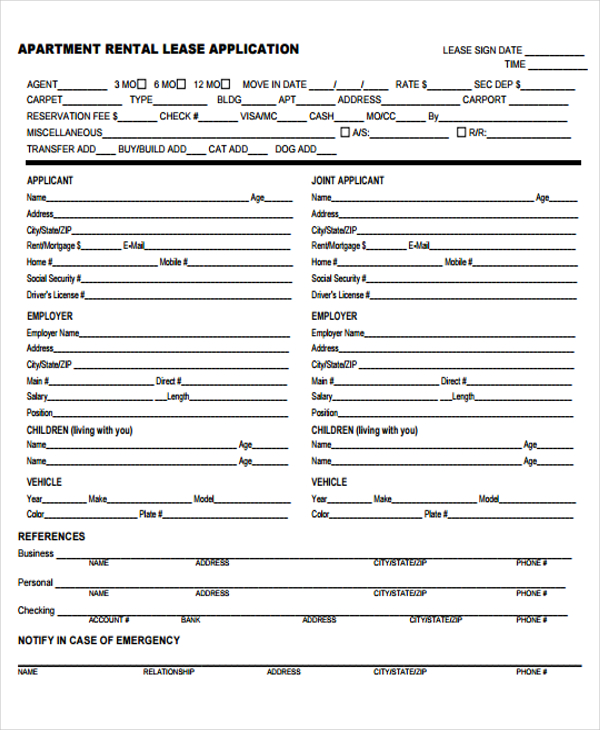 apartment rental lease application