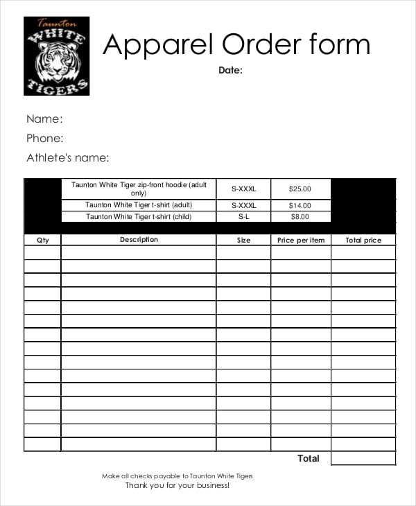 apparel sales order form
