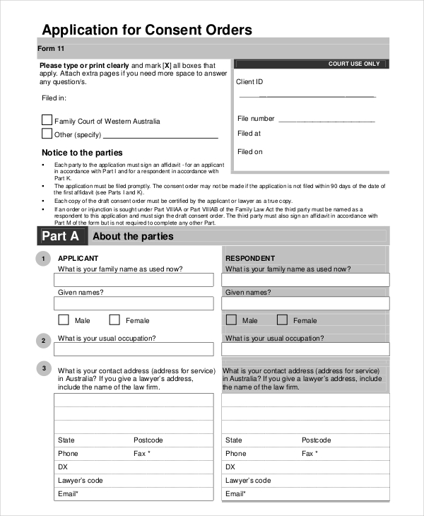 application form for consent order