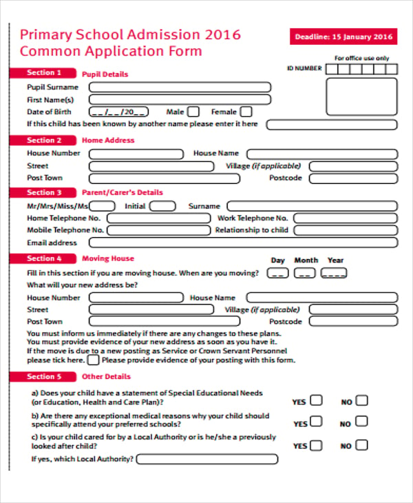 application form of primary school