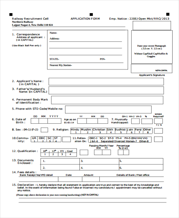 Online application form for jobs in railway