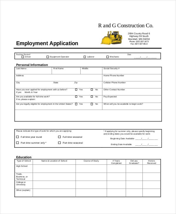 application for construction company job