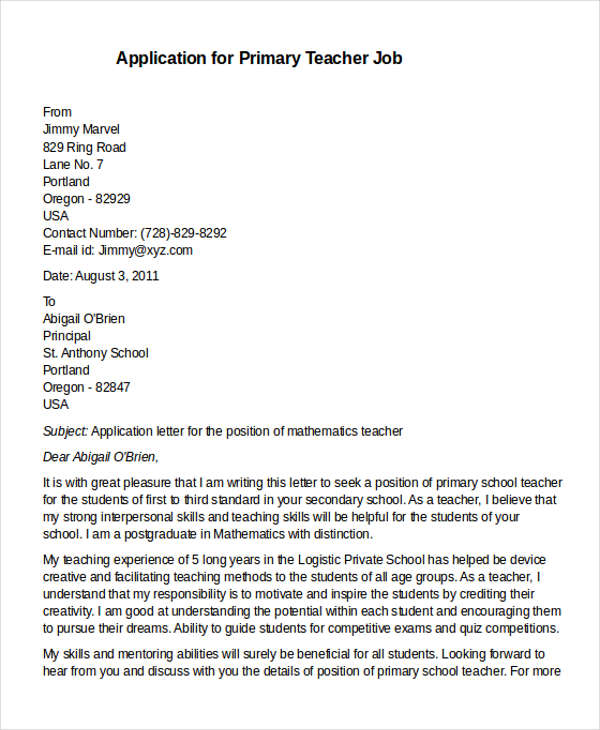 Application for job of a teacher with examples