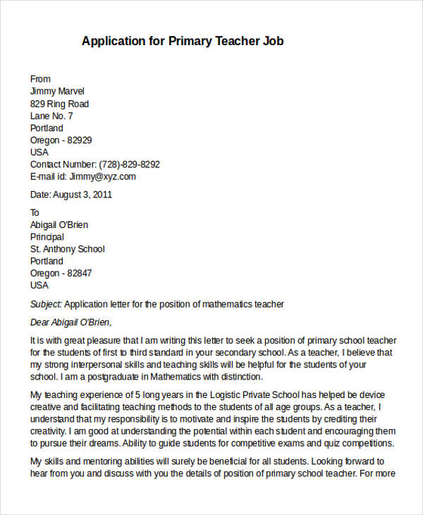 application letter for a teaching job in a primary school