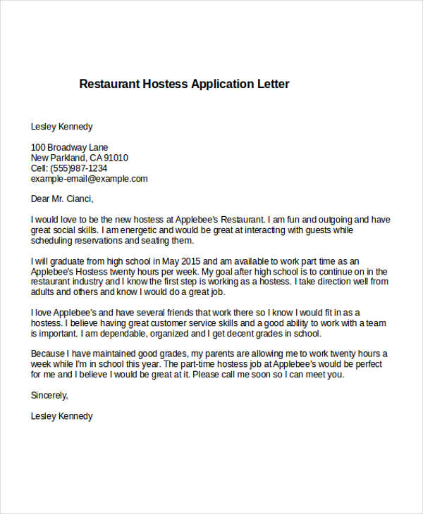 sample application letter for hostess job
