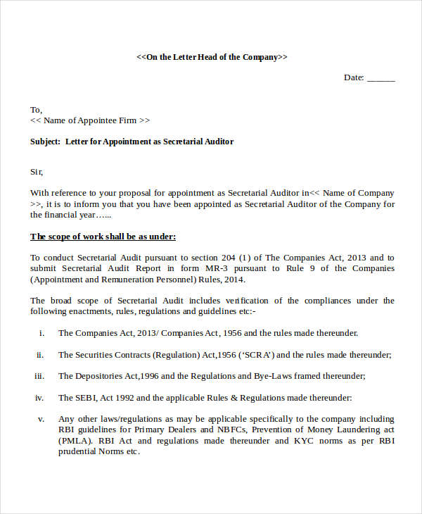 appointment letter for secretarial auditor