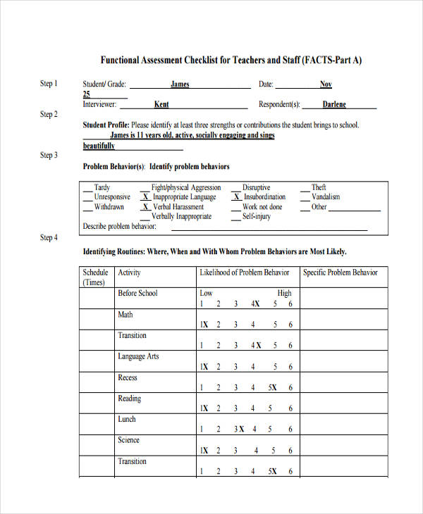 assessment checklist for teacher