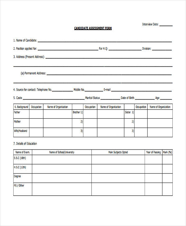 assessment form for candidate interview