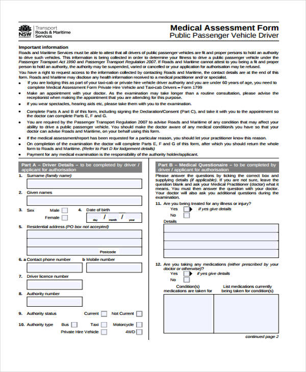 assessment form for medical example