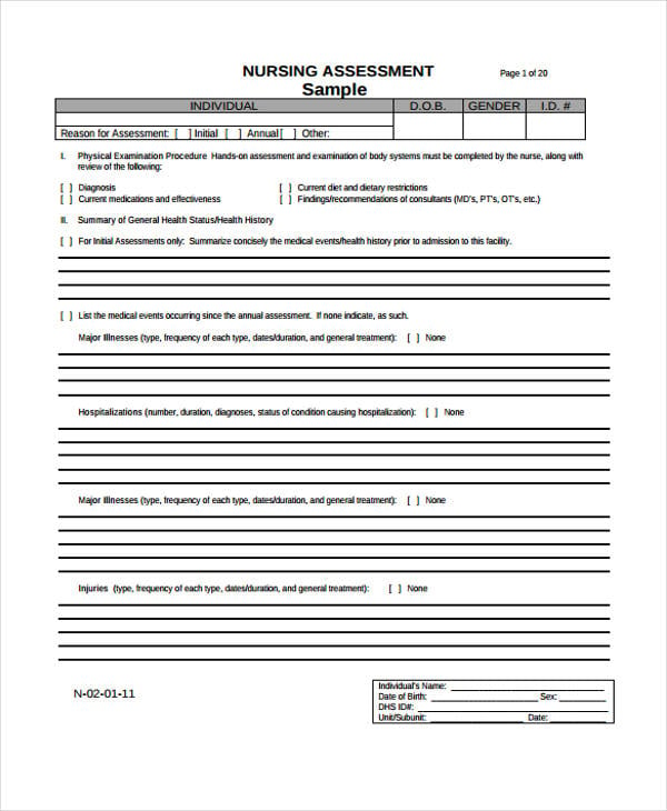 assessment form for nursing sample
