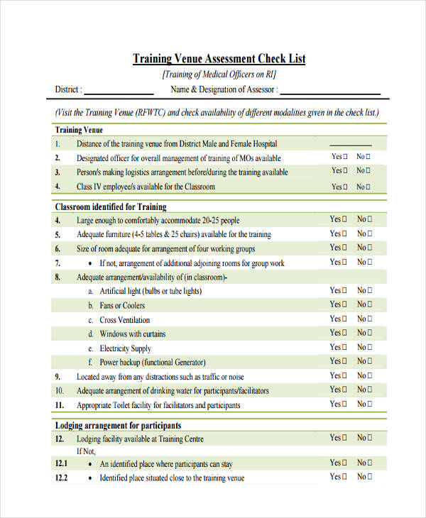 assessment checklist for training