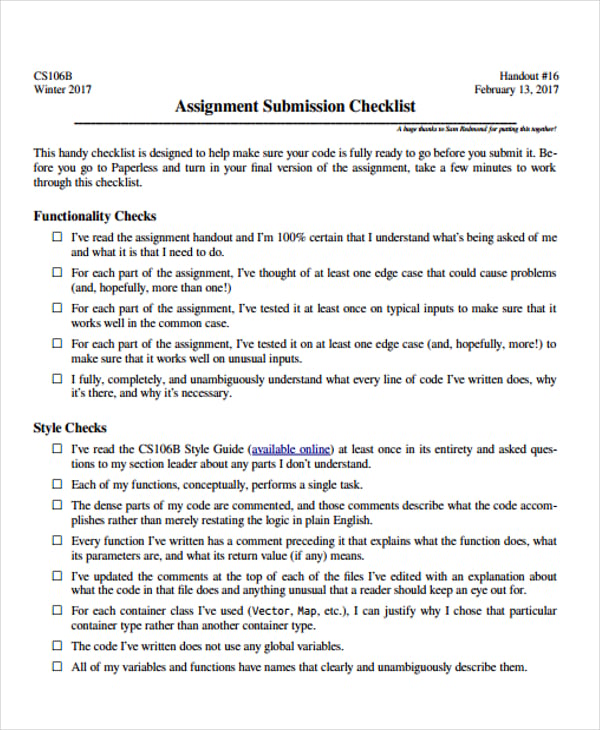 hap assignment checklist