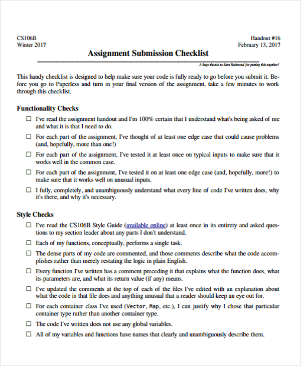 assignment completion checklist