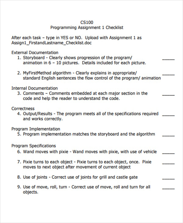 assignment task checklist