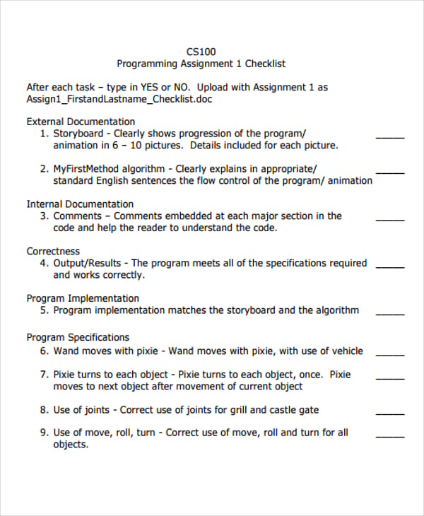 assignment checklist template free