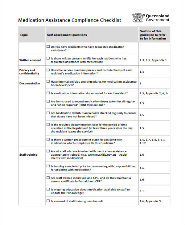 assistance medication checklist