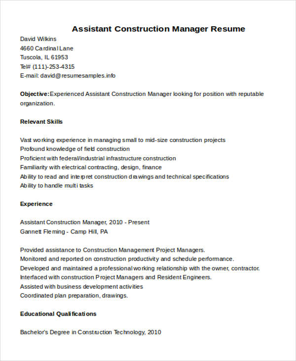 assistant construction manager resume