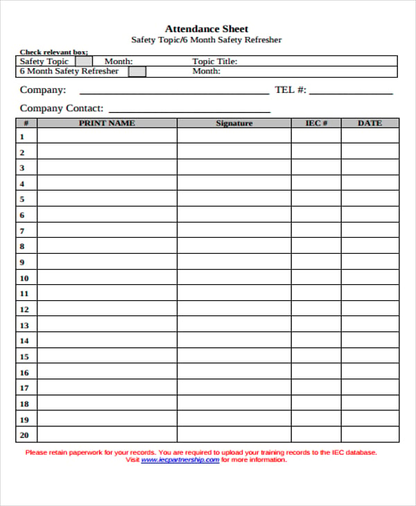 attendance sheet for a company