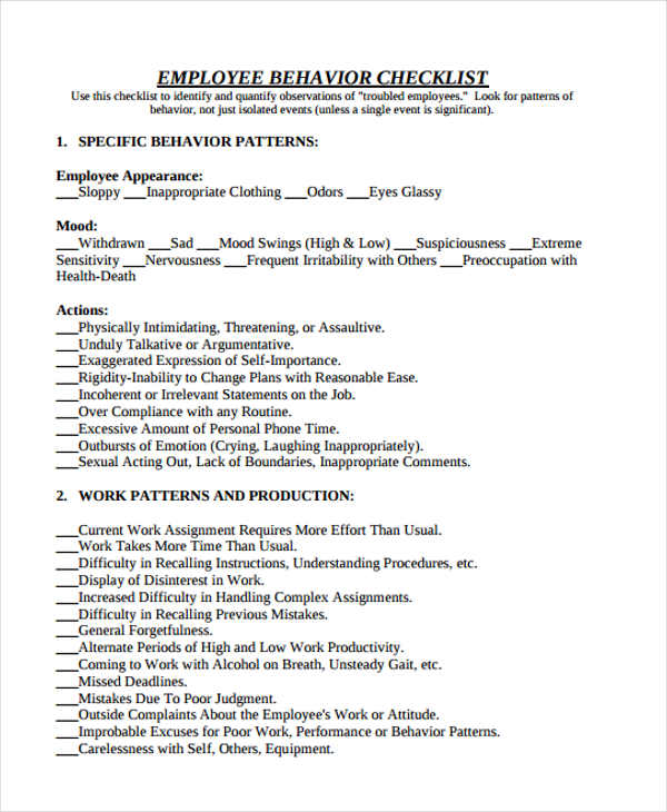 behavior checklist in pdf