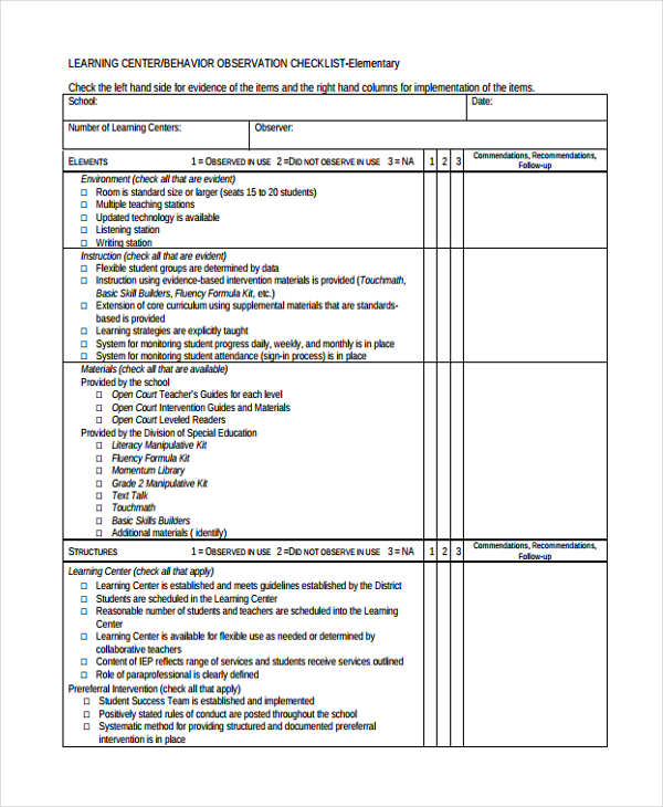 behavior observation checklist