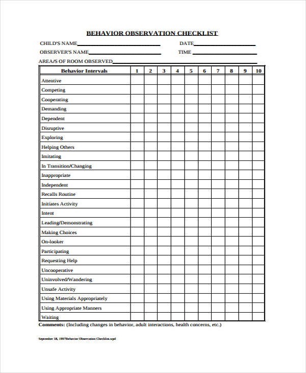 11+ Behavior Checklist Templates Free PDF, Word Format Download