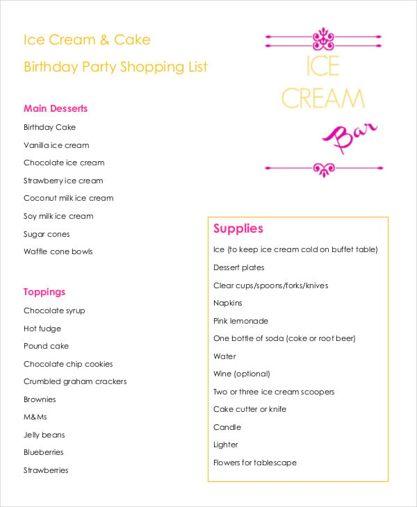 birthday party shopping list