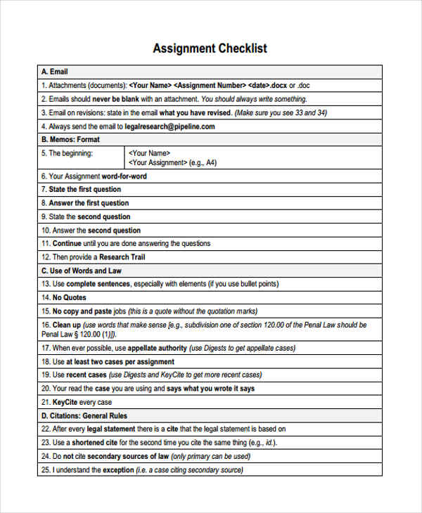 work assignment checklist