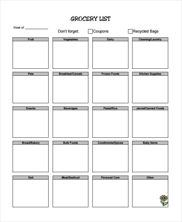 blank grocery shopping list template
